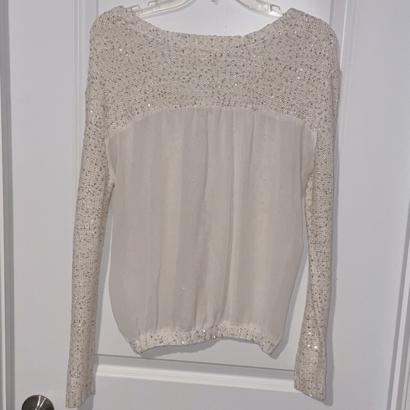 Gold Sequin Sparkly Embroidered Cream V Neck Sweater w/ Sheer See Through Back - Picture 2 of 3